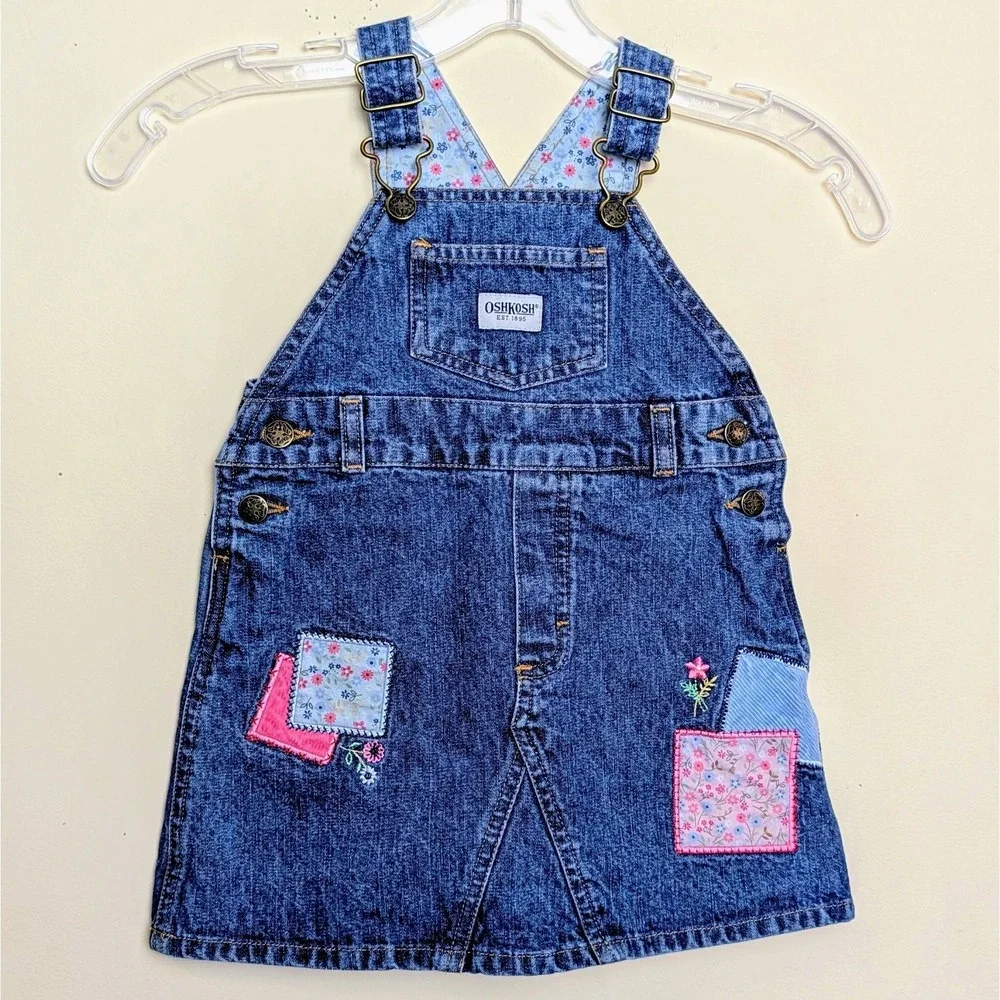 Oshkosh B'gosh Girls Vintage Y2K Denim Patchwork Bib Overalls Jumper Size 2T
